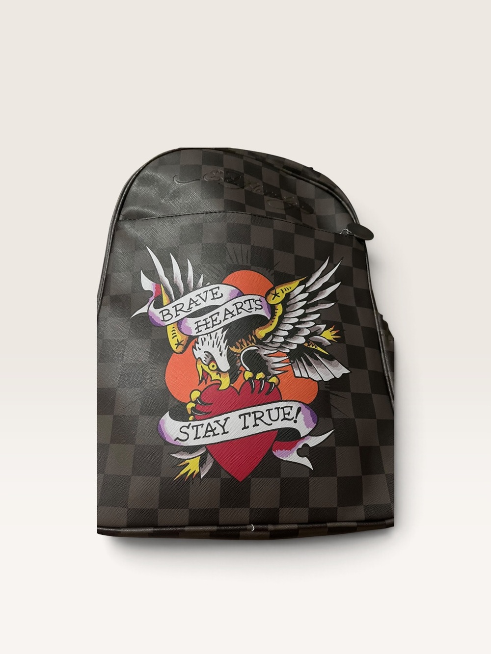 Ed Hardy checkered backpack featuring a bold eagle and red heart "Brave Hearts